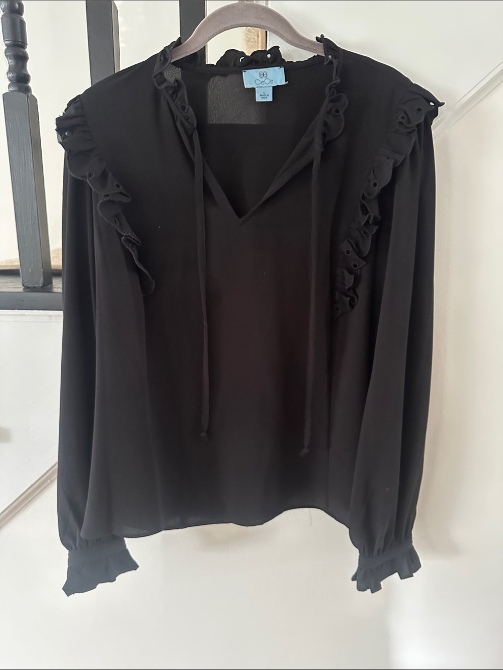 CeCe Black Ruffle Tie-Neck Long Sleeve Blouse
